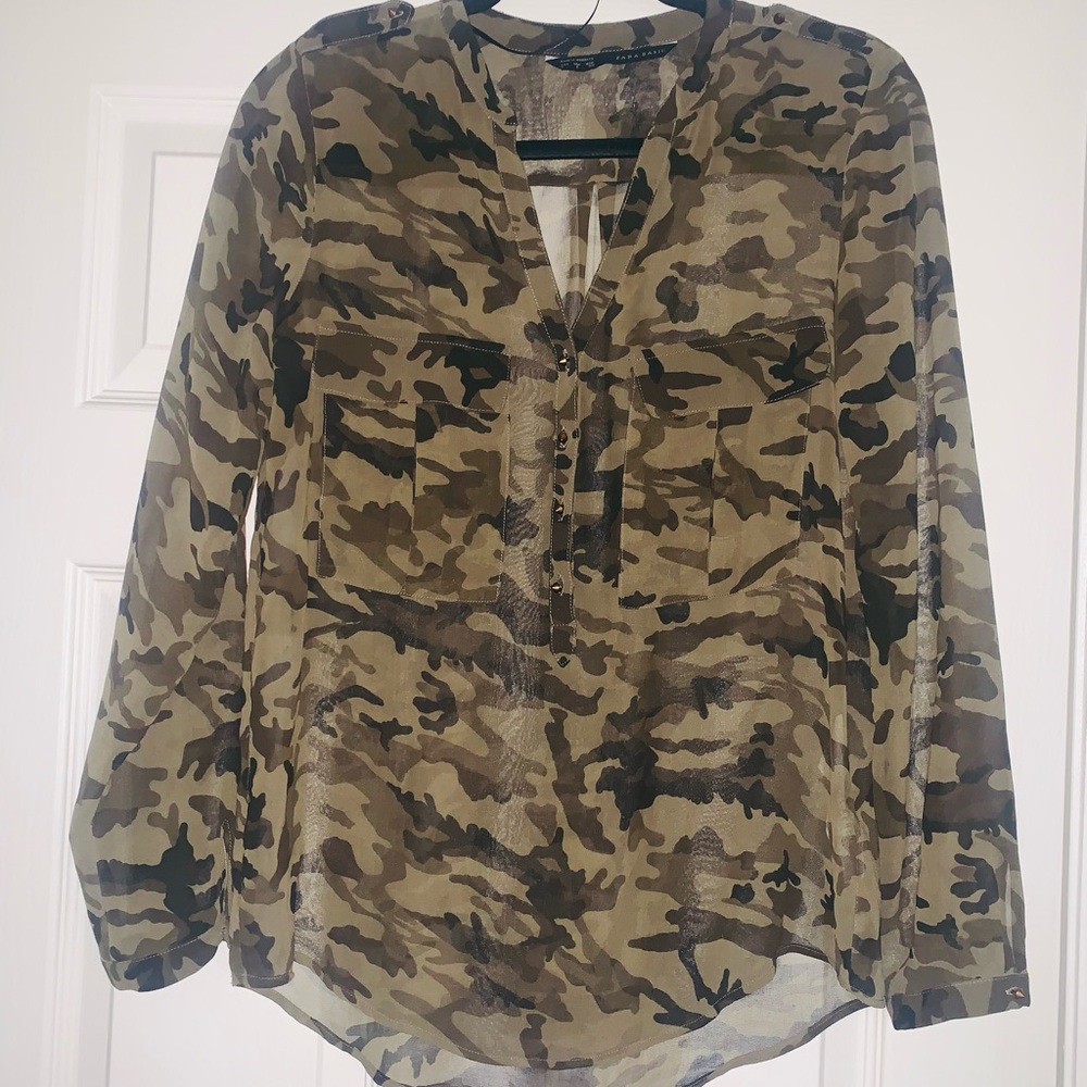 ZARA Women’s Camo Sheer Blouse